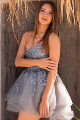 Charming Dusty Blue A-Line Strapless Sleeveless Sequined Tulle Short Prom Dresses With Appliques